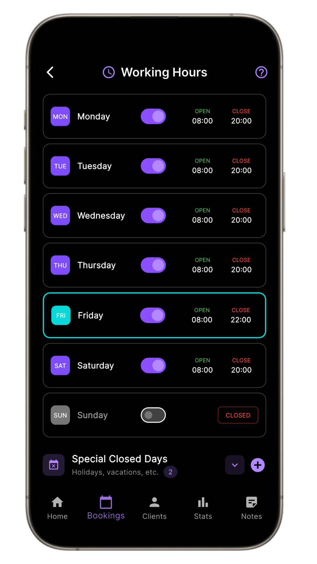 Working Hours Setup